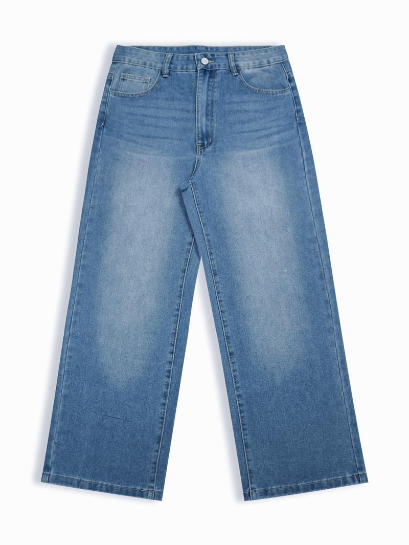 Men's Loose Washed Blue Denim Jeans, Casual Simple Fashionable Wide Leg Design, All Seasons Wear Comfortable Fit
