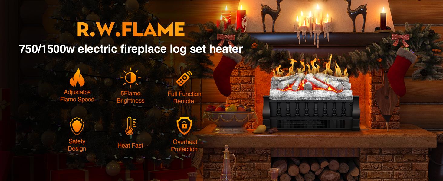 R.W.FLAME Electric Fireplace Log Heater,Remote Control, Adjustable Flame Brightness, Realistic Ember Bed, Overheat Protection, For Home and Office, 750W/1500W
