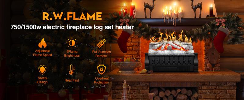 R.W.FLAME Electric Fireplace Log Heater,Remote Control, Adjustable Flame Brightness, Realistic Ember Bed, Overheat Protection, For Home and Office, 750W/1500W