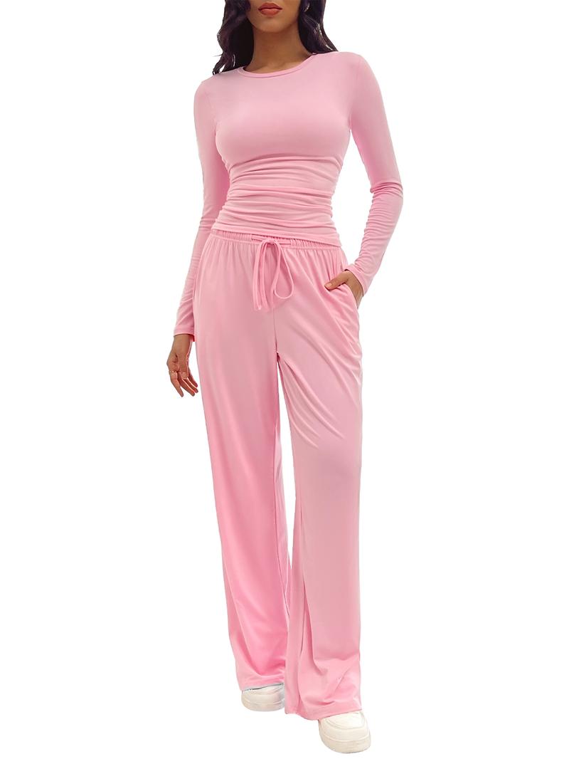 Two-piece Set Women's Solid Ruched Tee & Drawstring Pocket Pants Lounge Set, Casual Long Sleeve T-shirt & Elastic Waist Trousers, Ladies Sleepwear for All Seasons Loungewear