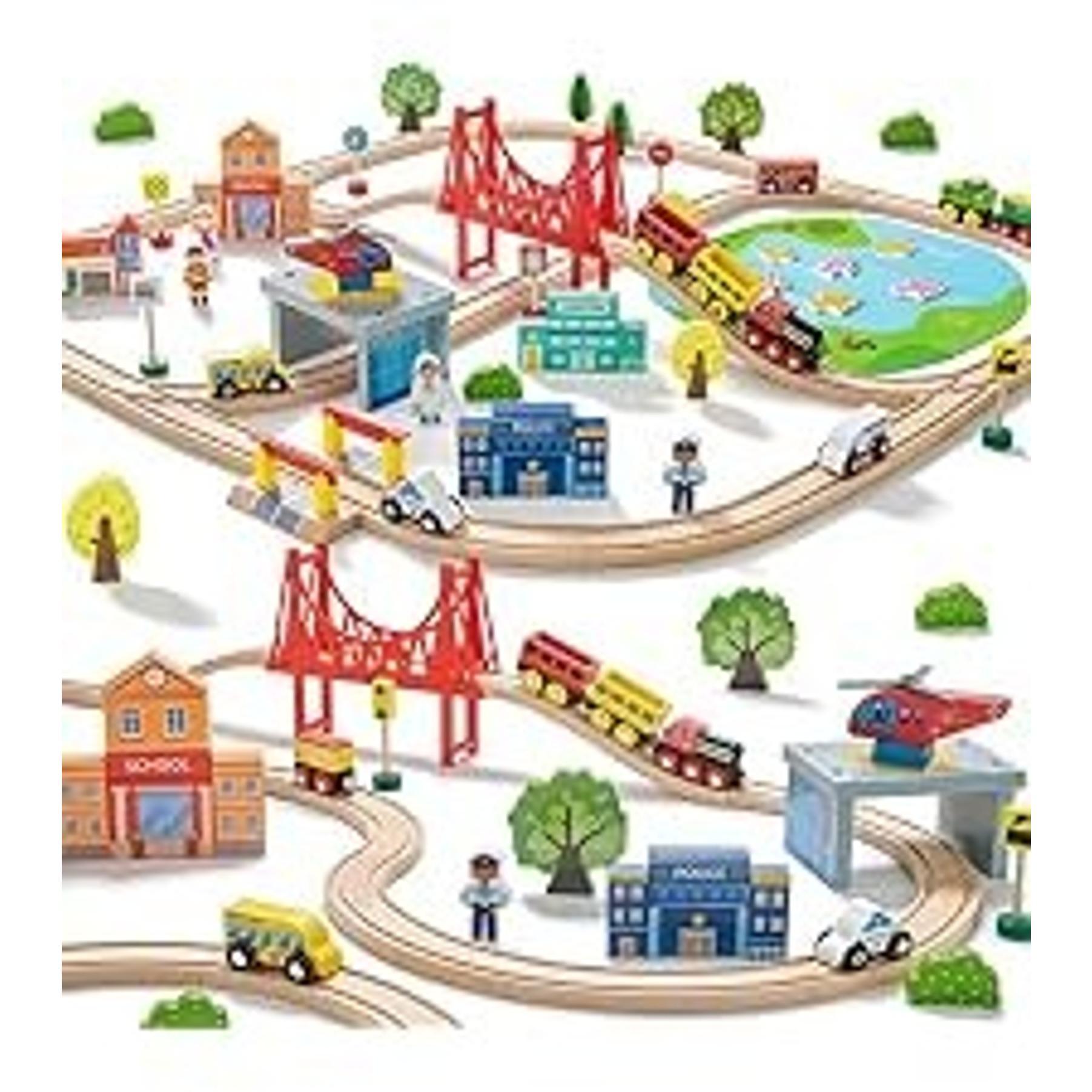 110pcs Wooden Train Set with Folding Storage Box, Wooden Train Track Toy for Kids Ages 3-7, Includes Character Figures for Imaginative Play