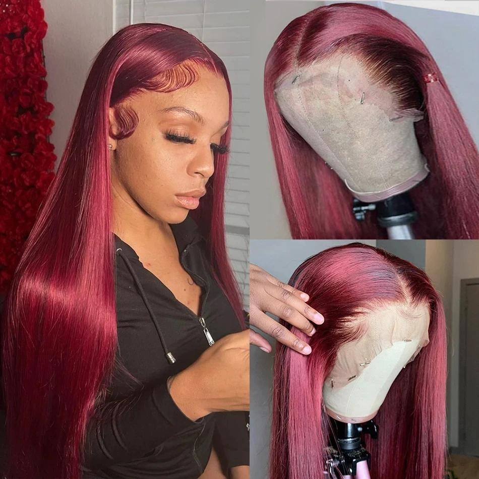 Bling Hair 13x6 Transparent Lace Front Wig 100% Real Hair Wigs 99J Red Color Straight Pre Plucked  Remy 13x6 Real Hair Lace Frontal Wig