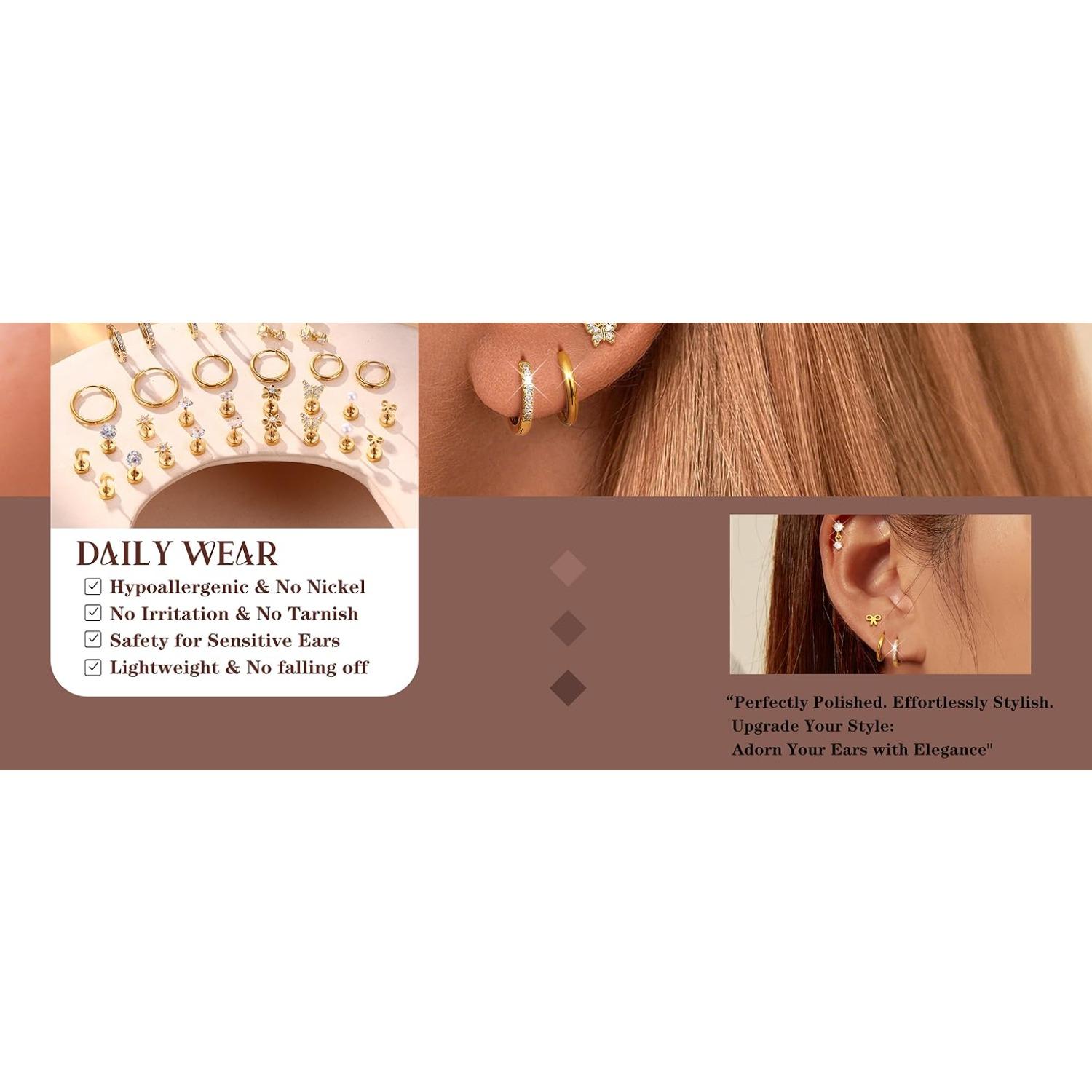 15pairs 14K Gold Plated Flat Back Earrings - Hypoallergenic Surgical Stainless Steel Stud Hoop Earrings for Women Girls Cute Stud Earring Set Small Huggie Hoops Cartilage Earring Stacks Stud Earrings Jewelry Earrings Studs