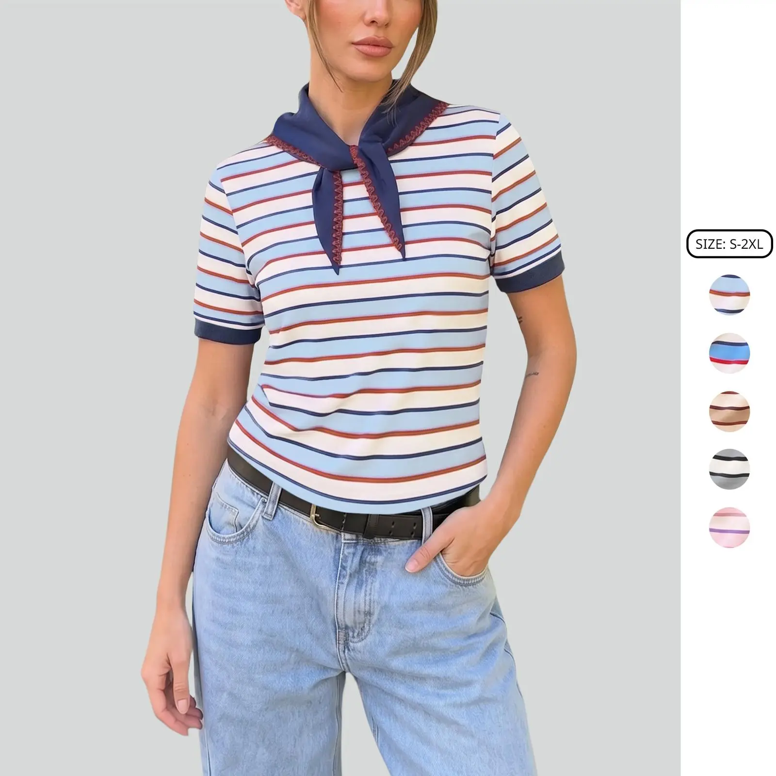 Imily Bela Women Retro French Tie Neck Striped Short Sleeve T-shirts Casual Summer Top