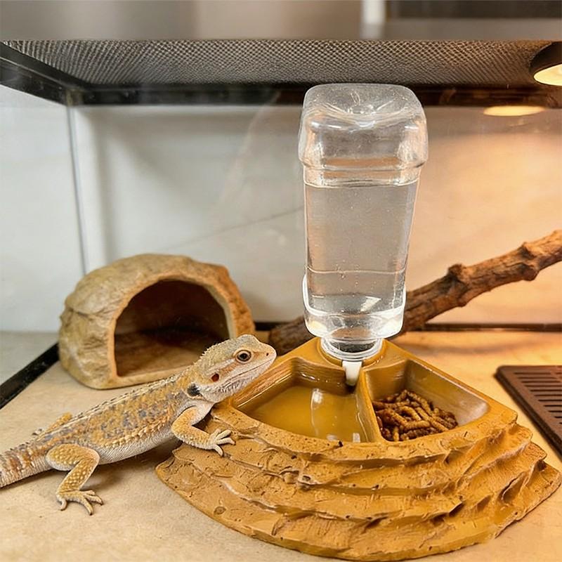 Automatic Feeder and Waterer for Reptiles, Resin Material, Lizard Snake Gecko Tortoise Rock-Like Drinking Bowl, Includes Plastic Bottle