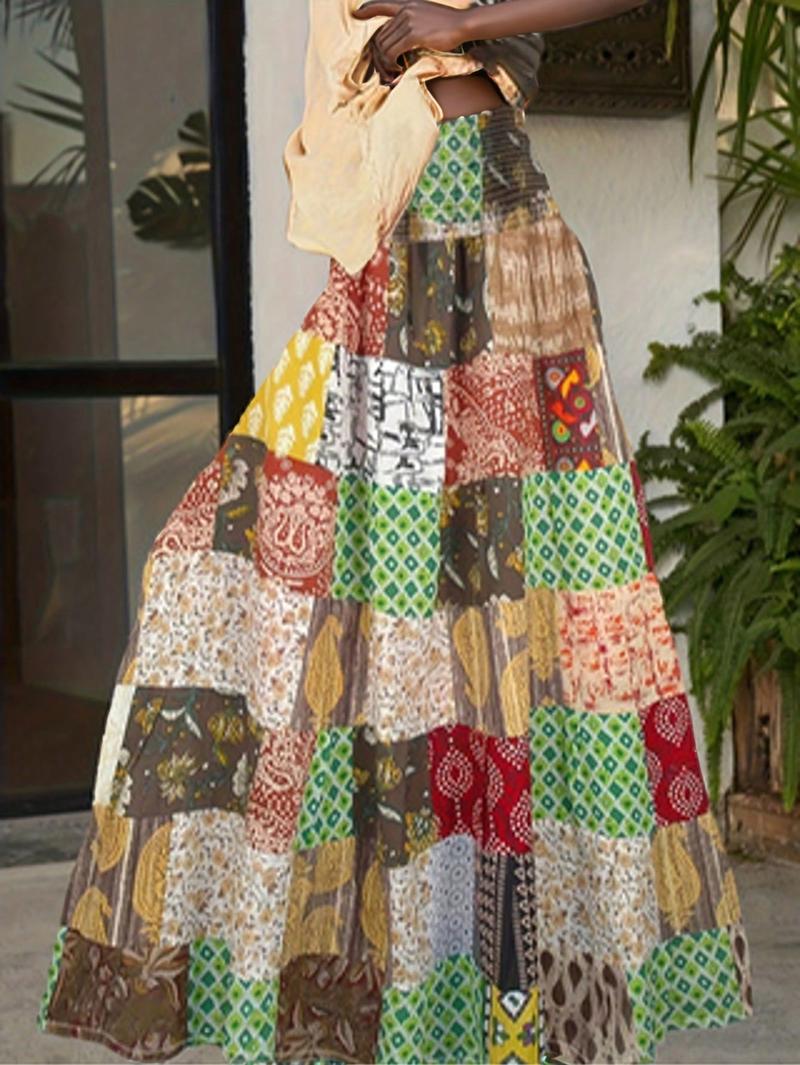 Plus Size Bohemian Maxi Skirt for Women - High-Waist A-Line Skirt with Vibrant Multi-Color Floral & Geometric Print, Fitted & Ruffled Hem, Machine Washable, All-Season Wear for Spring/Summer/Fall, Versatile Fashion Bottom