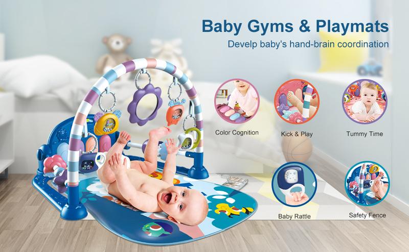 dearlomum Baby Play Mat Baby Gym with Piano Design 5 Sensory Toys Music Lights Blue Gift for Newborn Boys Girls - Infant