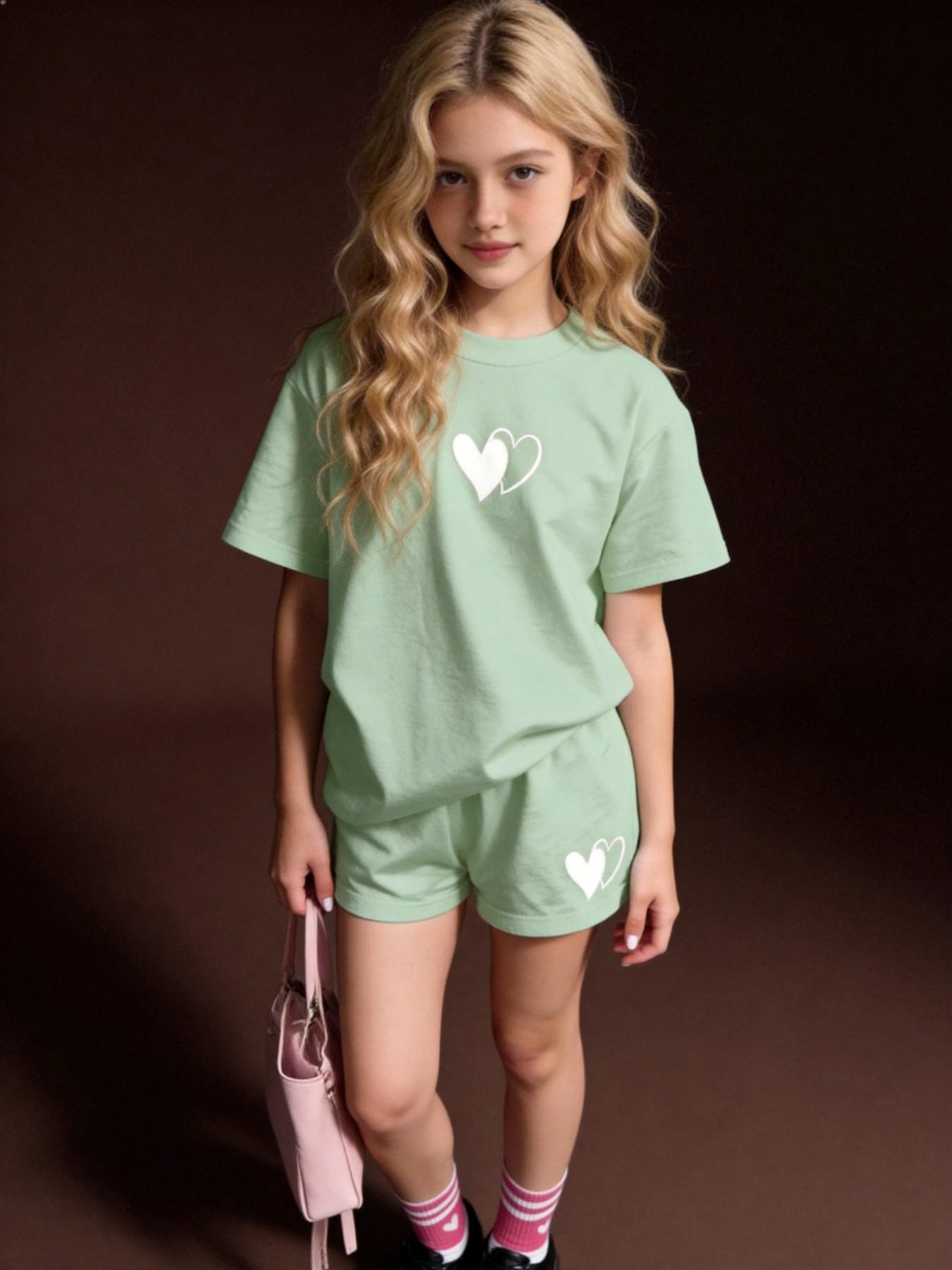 School-Style Set: Girls' Comfortable Summer Short-Sleeve T-Shirt and Shorts Two-Piece Set for School; Girls' Activewear with Printed Design; Girls' Round-Neck Short-Sleeve T-Shirt—Casual and Fashionable Summer Clothing for Kids