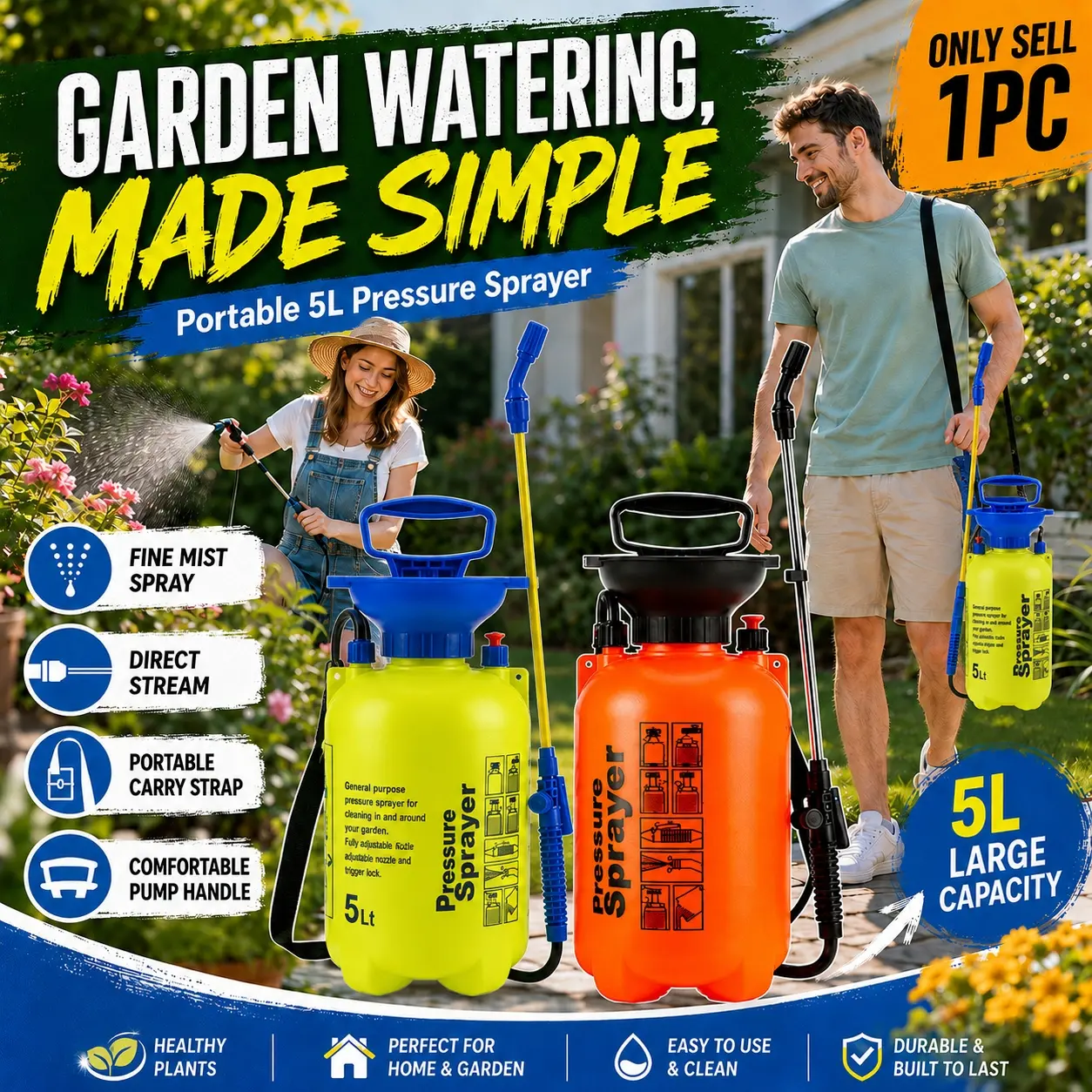5L Pump Pressure Sprayer, Large Capacity Plant Watering Spray Bottle with Adjustable Mist and Stream Nozzle, Portable Shoulder Sprayer for Garden Care, Lawn, Flowers, Trees, Greenhouse Plants, Outdoor Cleaning Tasks and Home Gardening Projects