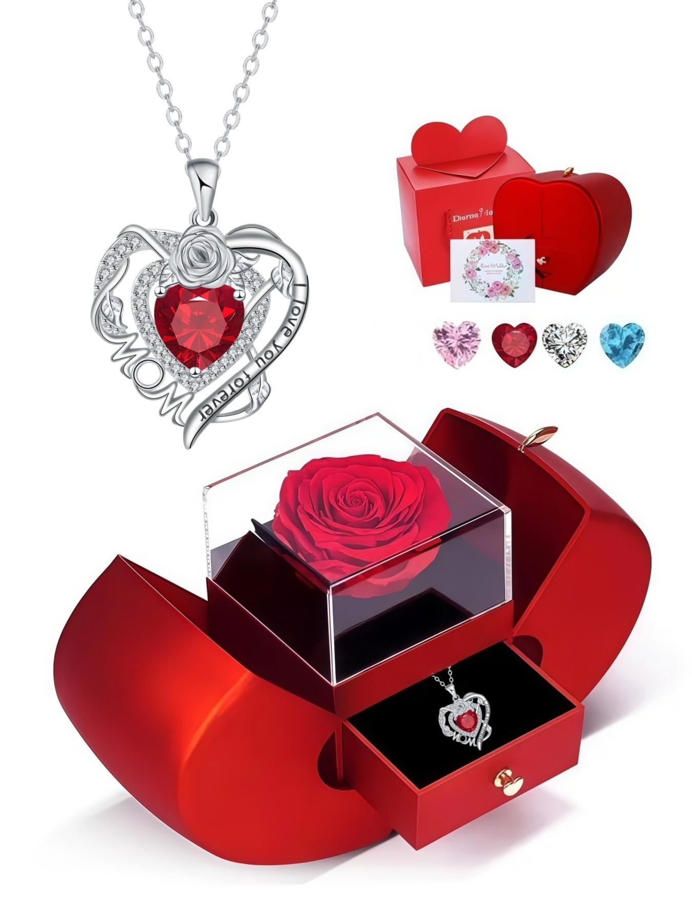 Rose Heart Forever Mom Original heart-shaped rose pendant, elegant and versatile simple clavicle necklace.Paired with an apple-shaped preserved rose jewelry gift box.Ideal gift for birthdays, Mother’s Day, Valentine’s Day and Christmas.