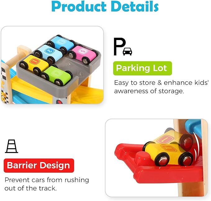 EDUTREE Toddler Toys Wooden Car Ramp Racer Toy Vehicle Set with 7 Tracks Mini Cars Race Tracks Montessori Inspired Gift for Boys Girls Play Playset Tricycle