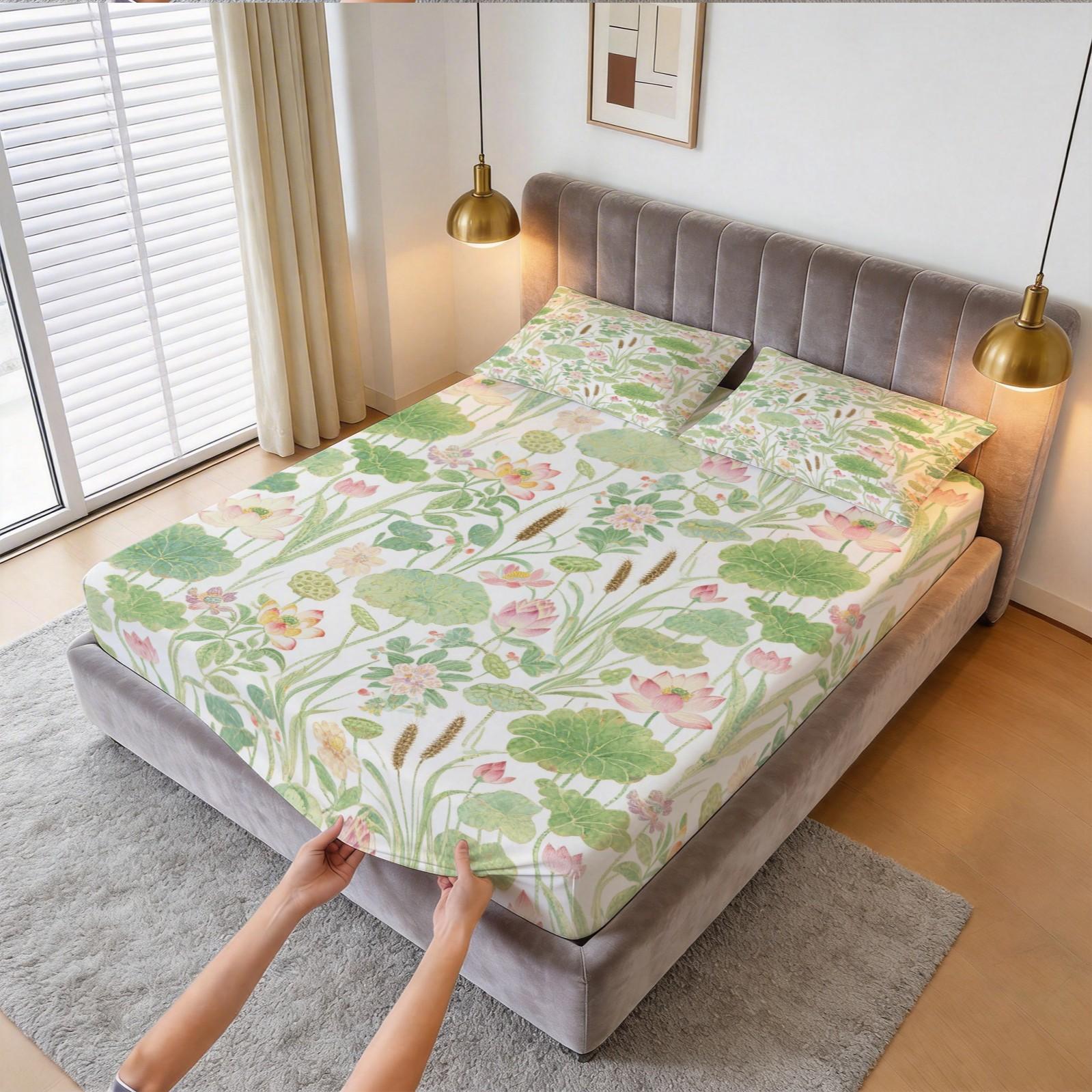 3 Piece Watercolor Lotus Pond Fitted Sheet Set, HD Digital Printed Deep Pocket Bed Sheet, Soft Breathable Bedding Set with Pillowcases (No Insert) for Bedroom Home Decor