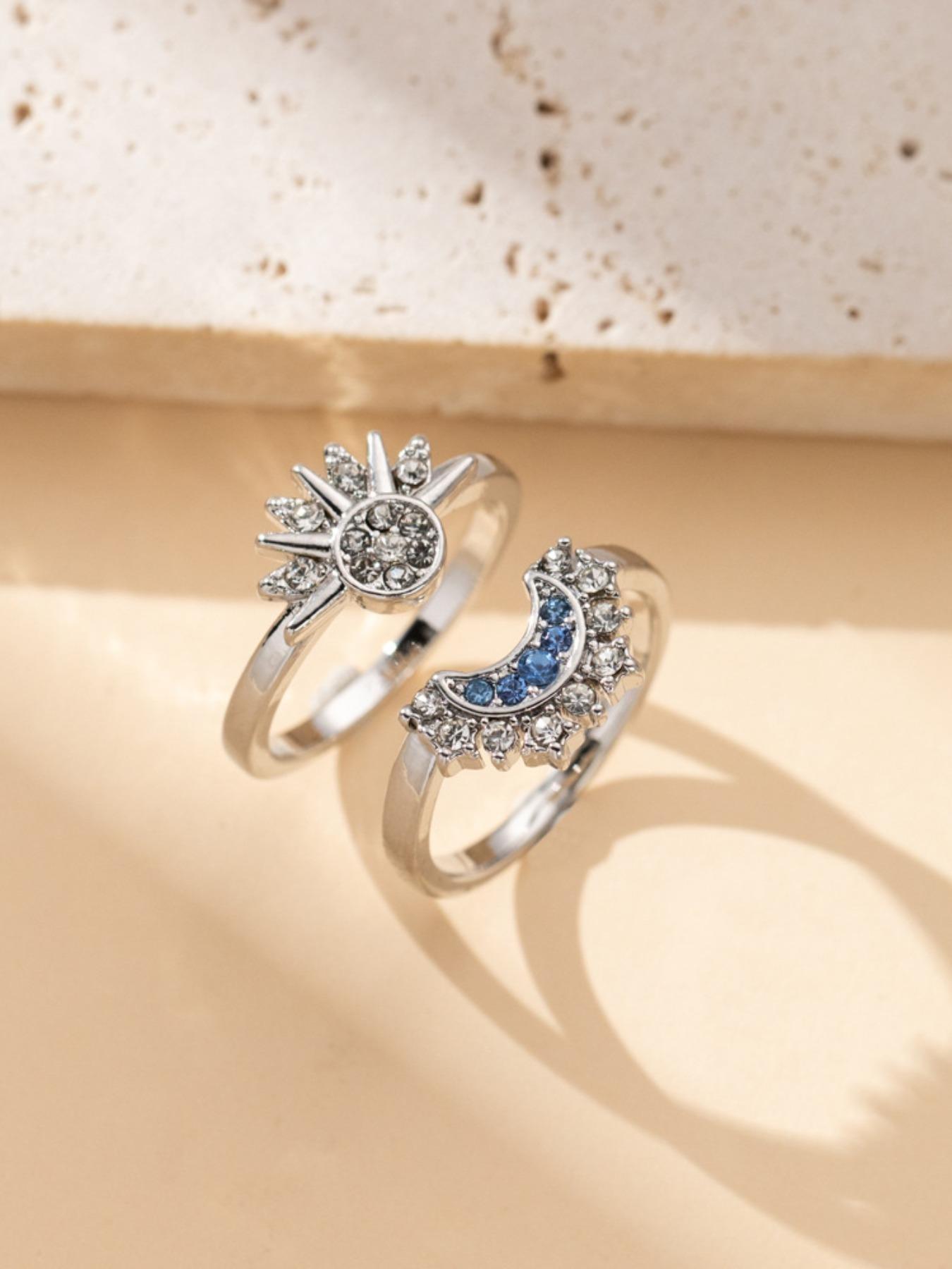 Sun Moon Couple Rings, Blue Celestial Design, Simple Rhinestone Wedding Band, Perfect Gift for Girlfriend & Best Friend
