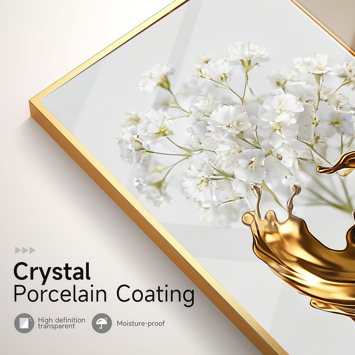 3 Counts Aluminum Alloy Framed Painting, White Flowers With Golden Liquid Art Pictures, Home Decoration For Living Room, Bedroom, Office, Restaurant, Hallway Wall Decor, Odorless Print Artwork, Luxury Perfect Gift For Friends And Family