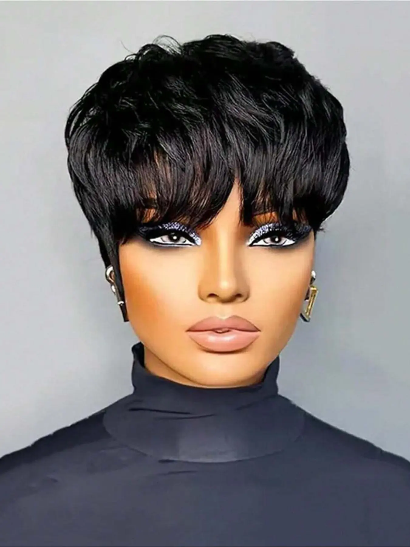 Short Bob Wig For Black Women Pixie Cut Wigs Glueless Wig None Lace Front Wig With Bangs Natural Black Straight Full Machine Made Short Layered For Daily Use