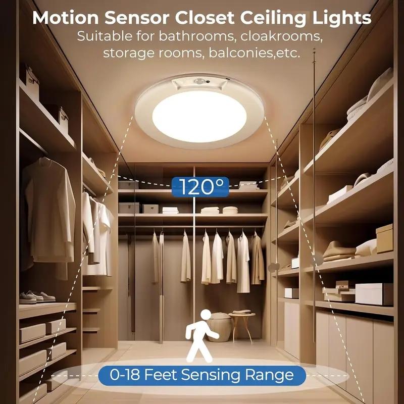 Rechargeable Motion Sensor Ceiling Light, 2-Pack Battery Operated LED Lamp with Remote Control, Ultra-Thin Design for Closet & Indoor Use