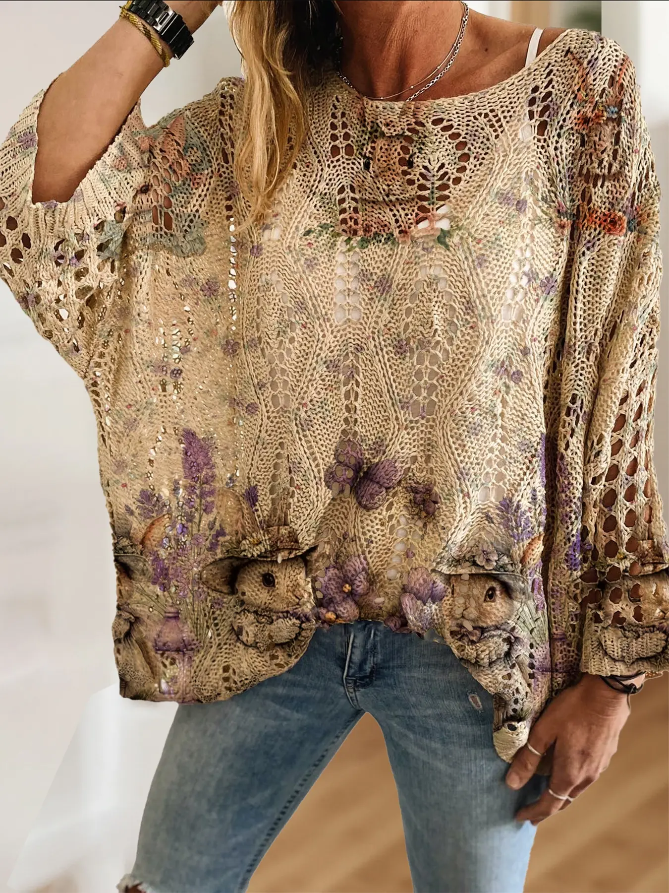 Women's Garden Style Rabbit Lavender Print Knit Top, Casual Elegant Vacation Sweater, Loose Fit Batwing Shoulder Design, Spring Summer Fall Fashion