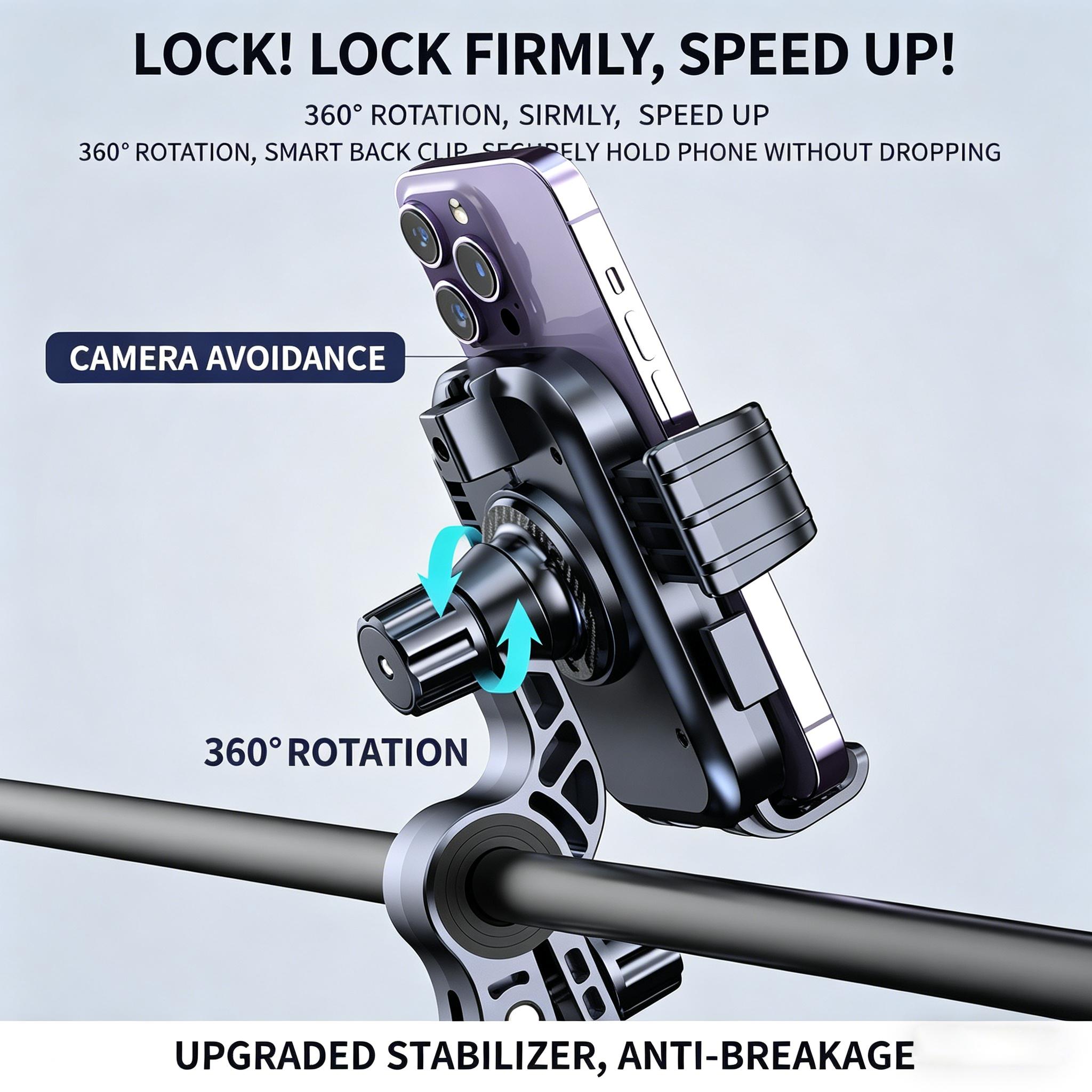 360° Rotatable Bike and Motorcycle Phone Mount, suitable for scooters, e-bikes, e-bike accessories, handlebar mounts, anti-vibration mounting for cycling, navigation mounts for food delivery riders, and shock-resistant phone mounts for outdoor cycling.