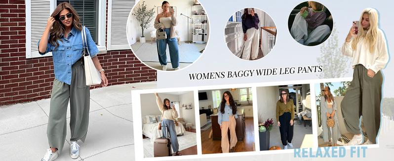 Molitree Womens Baggy Wide Leg Pants Casual Elastic Waisted Palazzo Harem Pants with Pockets