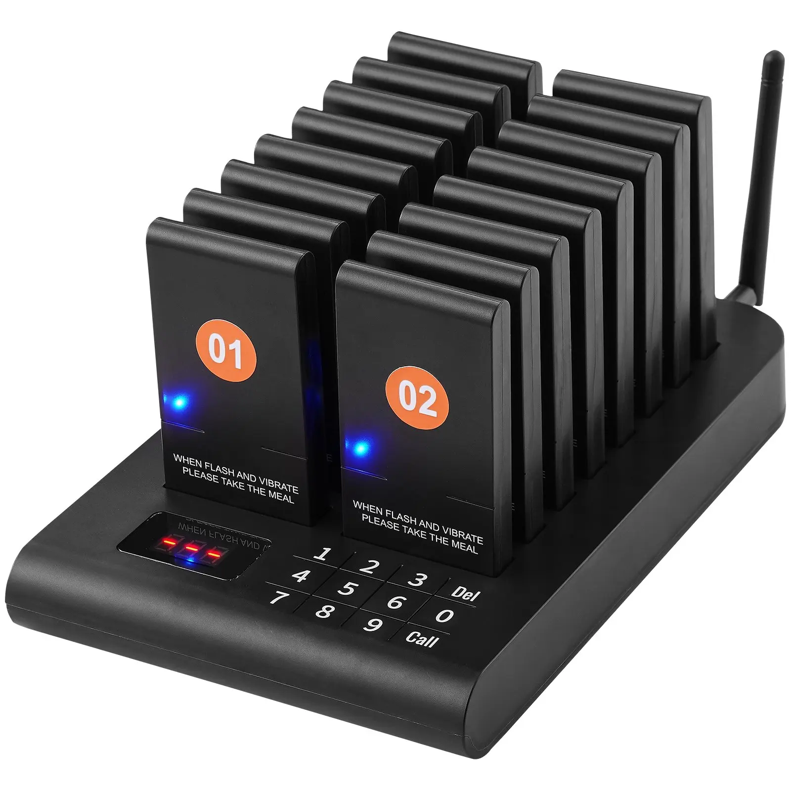 VEVOR Wireless Pager System, 500m Long-Range Queue Calling Device with 16 Handsets, Flash Beep, Vibration Alerts for Restaurant, Food Truck, Hospital