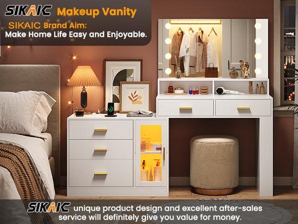 Sikaic LED Makeup Vanity Dresser With Mirror And Charging Station & 5 Drawers Cabinet Storage Furniture Bedroom Aesthetic Modern
