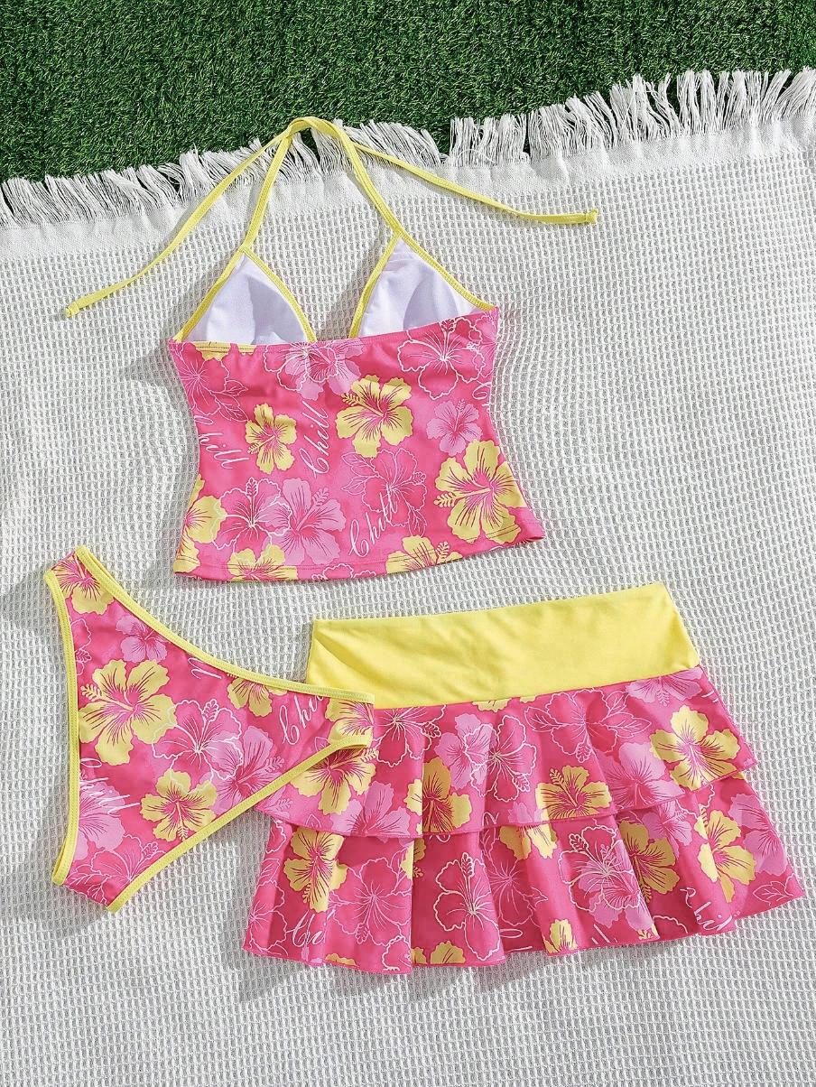 Women's Summer Beach Festival Print Halter Bikini Set, Casual Vacation Style, Fitted Tank Top and Skirt Three-Piece Suit, Tankini Sets