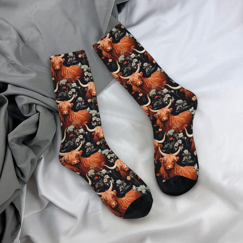 1pc Highland Cow Men'S Novelty Socks | Crew Sock with All Over Print, Elastane, Knit Fabric