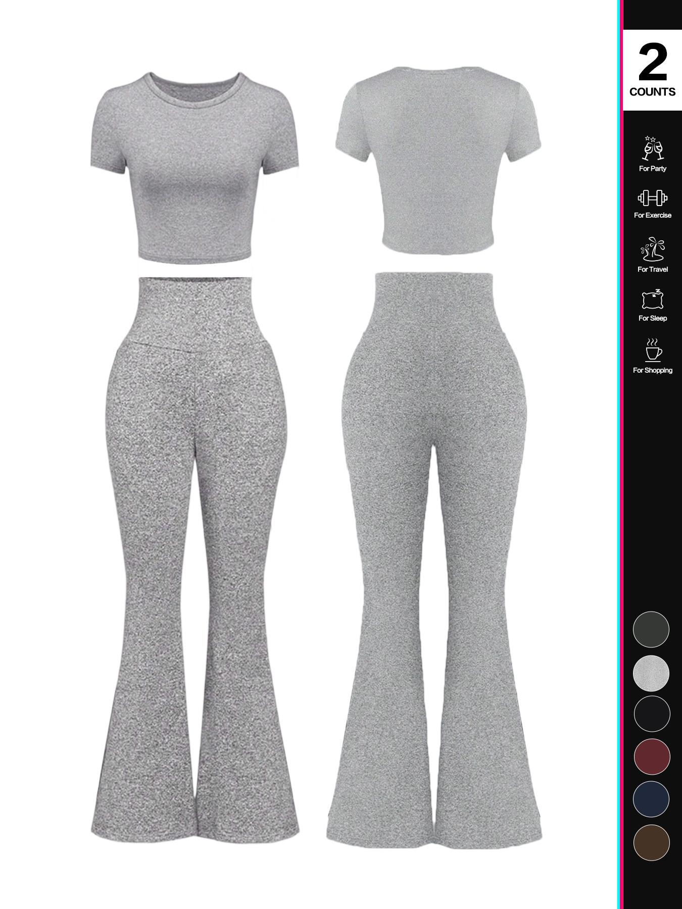 Women's Solid Loungewear Set, Casual Short Sleeve Crop Top & High Waist Flare Leg Pants, Ladies Sleepwear for All Seasons, Pajama Set