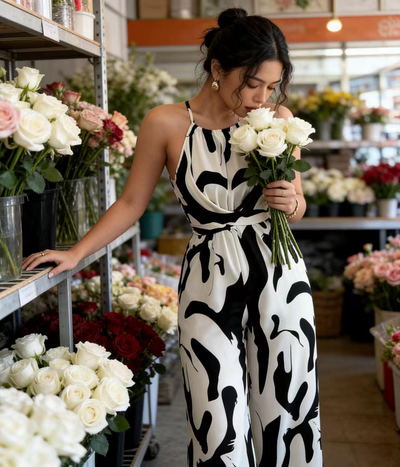 Women's Plus Size Jumpsuit with Pockets, Random Colorful Print, Casual Fashion One-Piece, Comfortable and Stylish