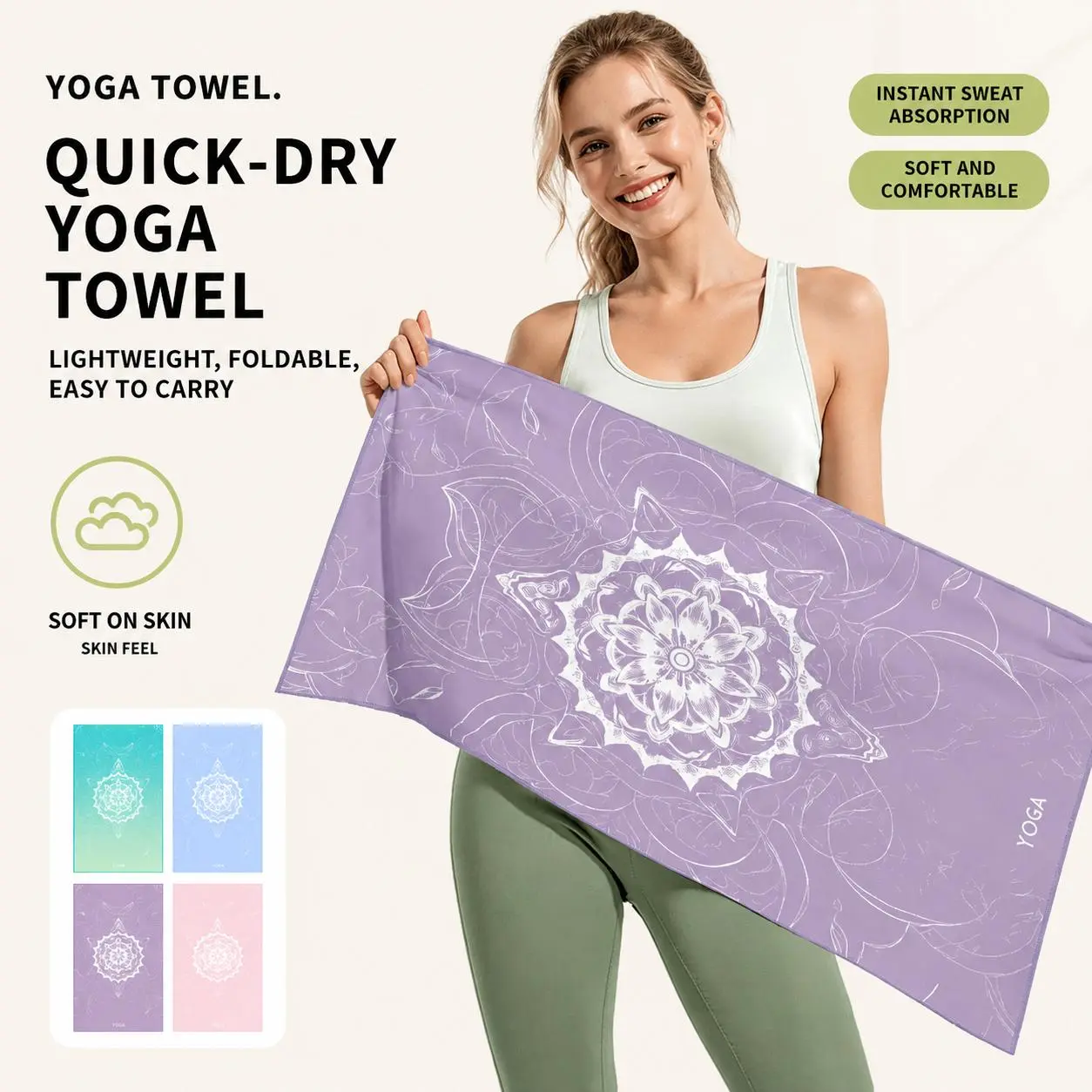 Premium Non-Slip Microfiber Yoga Mat Towel - Ultra-Absorbent, Quick-Dry, Lightweight, Portable Fitness Towel with Enhanced Grip, Odor-Resistant Fabric for Hot Yoga, Pilates