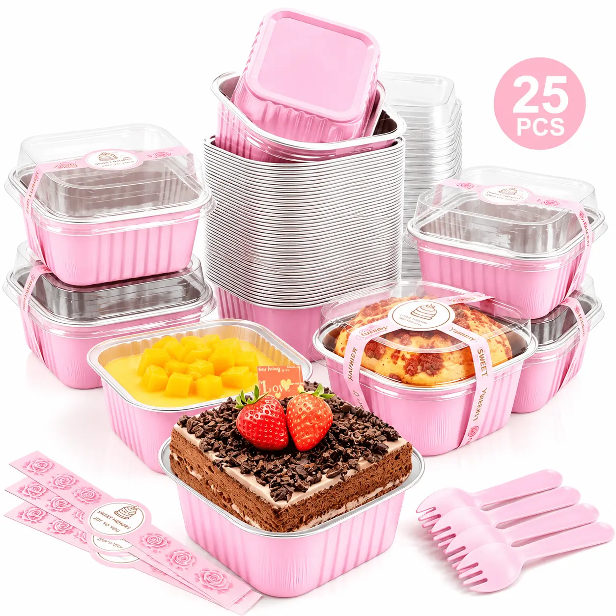 25-Pack Square Shape Pink Disposable Reinforced Foil Bakeware Containers, Individual Single-Serve Aluminum Cups with Spoons & Sealing Stickers, for Cottage Bakers, Party Events, Takeout Treats