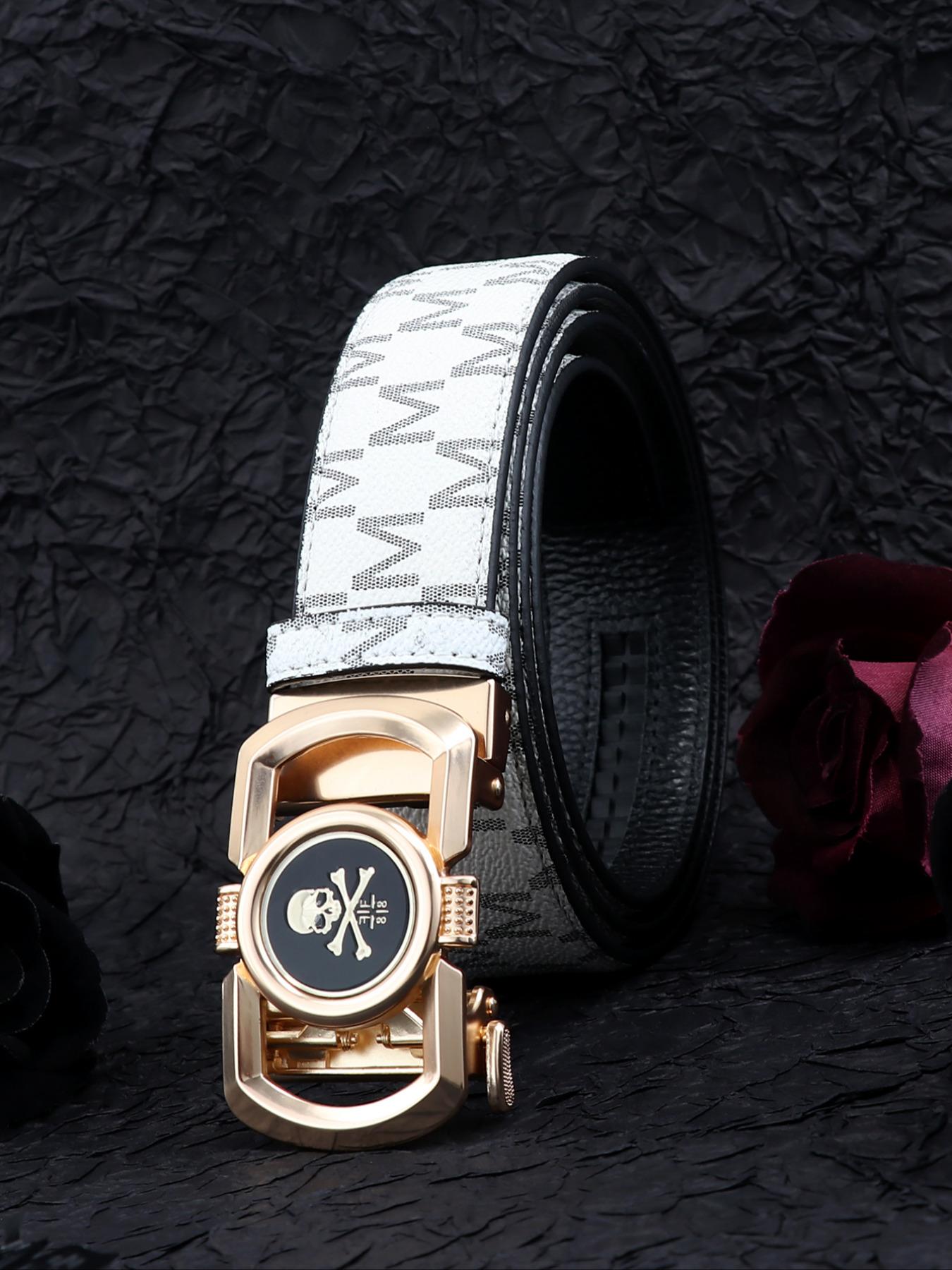 New Trendy Skull Head Automatic Buckle Belt, M Letter Printed Waistband, Men's Fashion Versatile Casual Punk Pants Belt