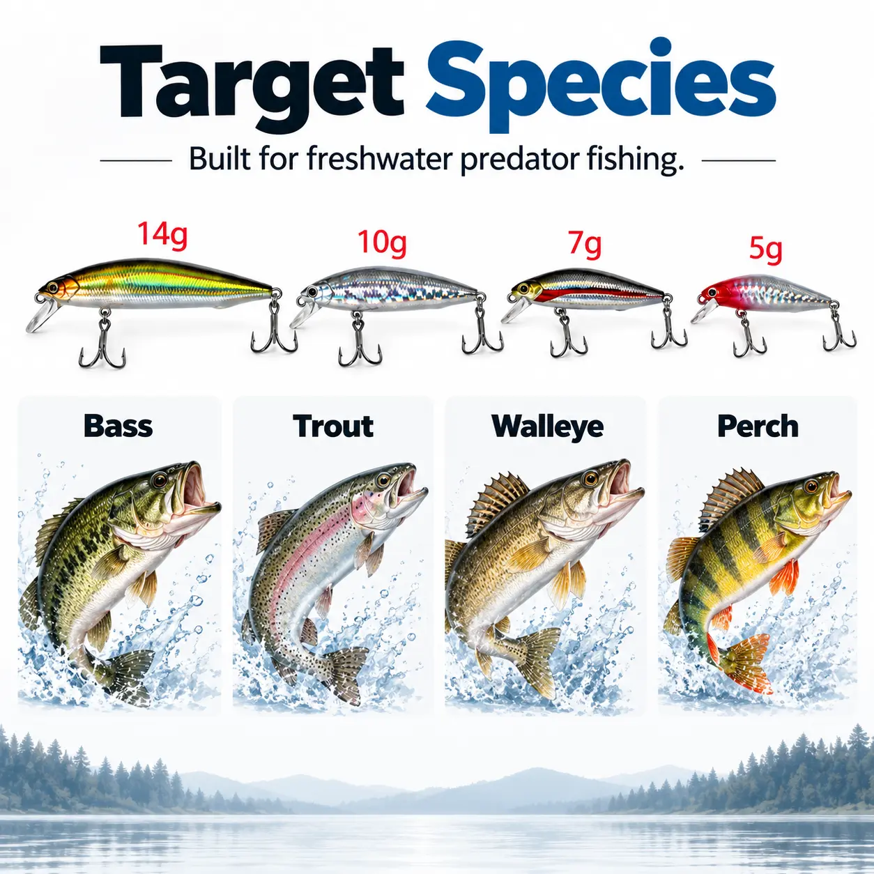 4PCS Long Cast Slow Sinking Minnow Fishing Lure Set, 5g/7g/10g/14g Assorted Hard Jerkbaits, 4 Colors with Treble Hooks for Bass Trout Pike, Freshwater & Saltwater