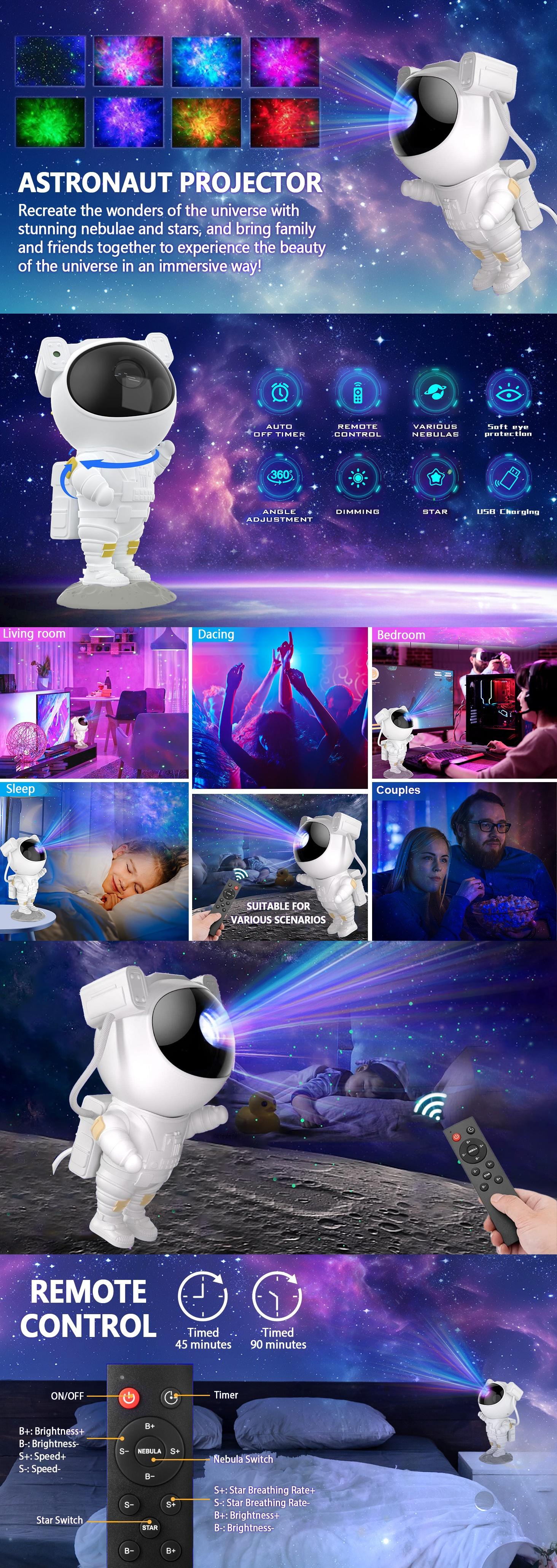 BORNERWHITE Astronaut Galaxy Projector - Star Projector, Remote Control Spaceman Night Light with Timer, for Gaming Room, Gift for Kids Adults for Bedroom, Christmas, Birthdays, Valentine's Day