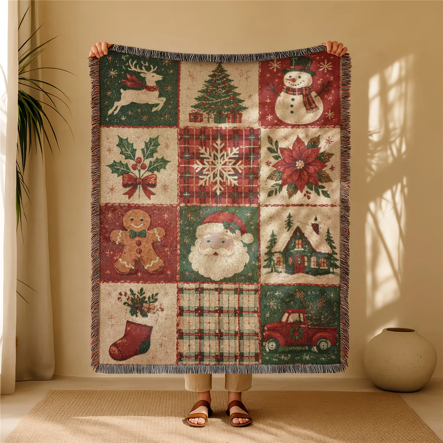 Vintage Christmas Patchwork Bohemian Yarn Jacquard Woven Blanket with Tassel, Thick Soft Washable Blanket, Used for Home Decor Sofa Chair Bed Tapestry Tablecloth Floor Garden Picnic Outdoor Camping, Soft Blanket Throw