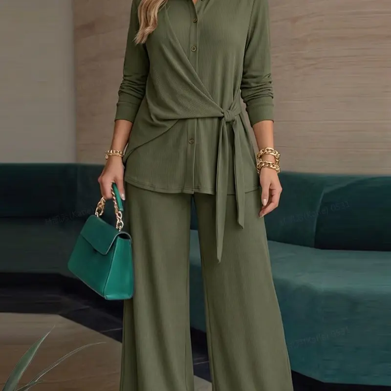 Women's Casual Solid Color Set, Womenswear Long Sleeve Collared Turn-Down Collar Knit Cardigan, High Waist Straight Leg Pants, Daily Commute, Everyday, Fashion Style Sets