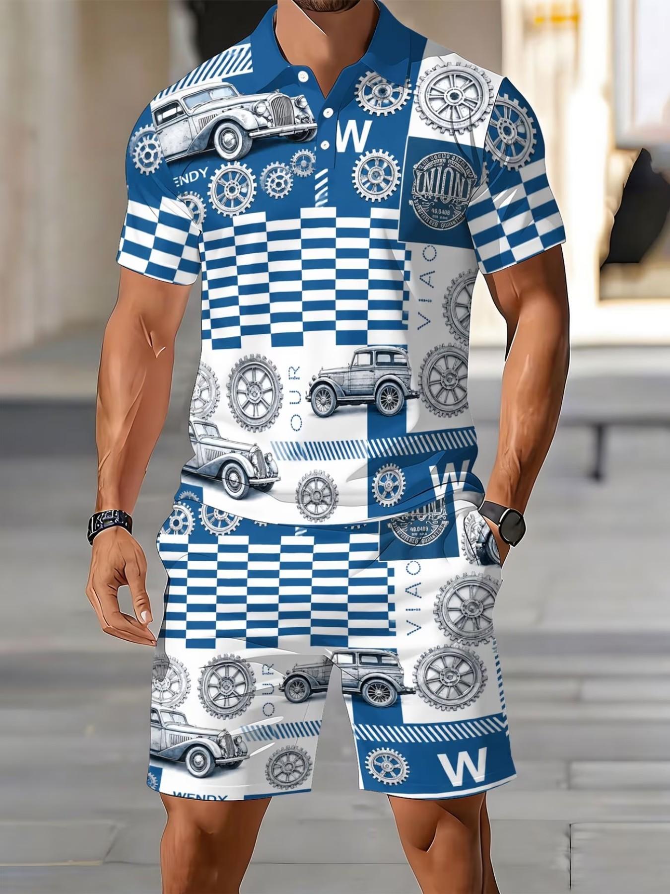 Men's Polo Set, Summer Short Sleeve Polo Shirt Set, Vintage Car Print, Casual Sporty Two-Piece, Breathable Collar Top with Drawstring Shorts