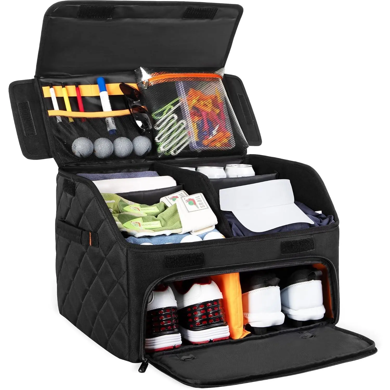 Upgraded Golf Trunk Organizer, Golf Car Organizer with Separate Ventilated Compartment for 2 Pair Shoes, Golf Storage with Multi-Compartment for Golf Accessories, Gifts for Golfers