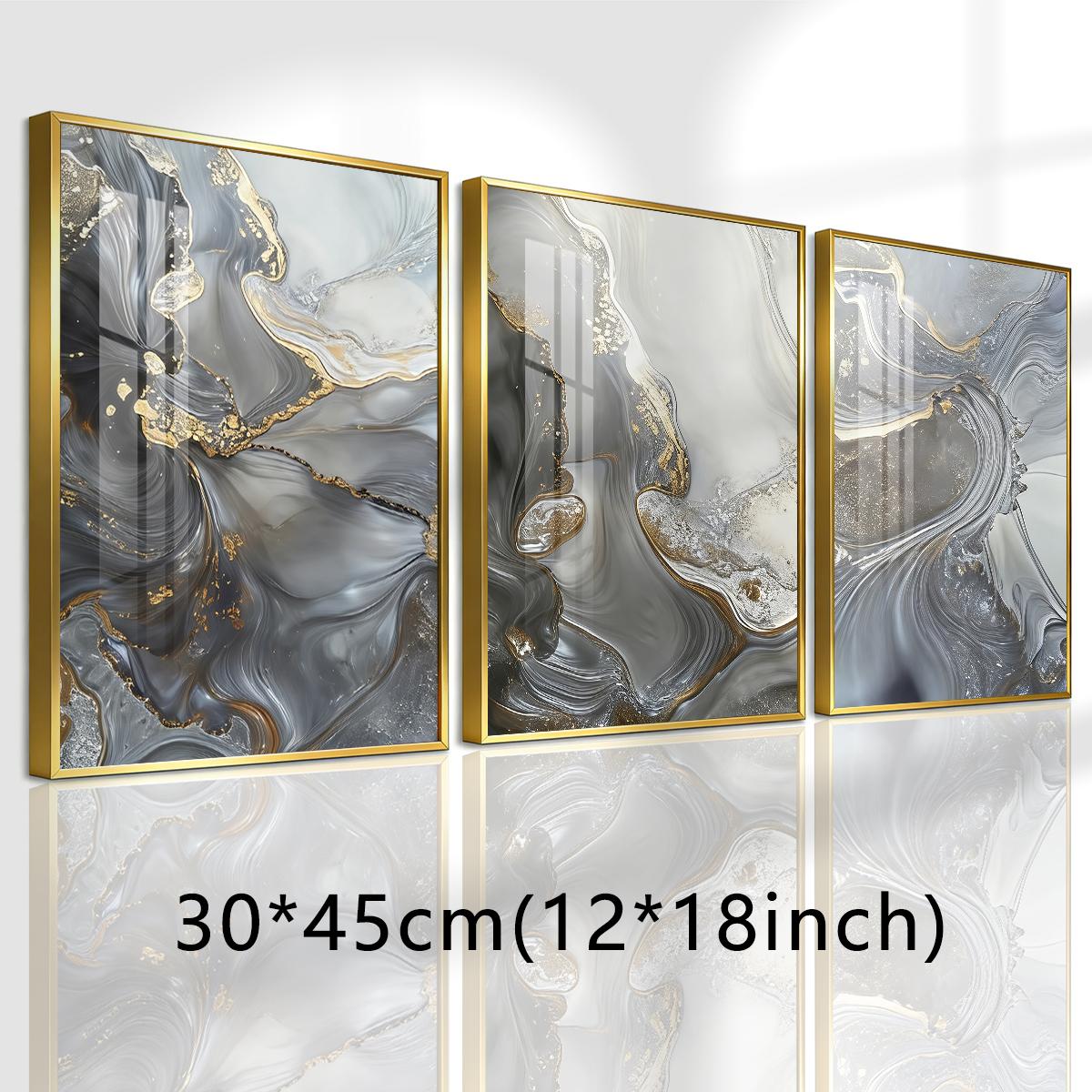 3 Counts Aluminum Alloy Framed Painting, Abstract Gray Gold Fluid Art Pictures, Home Decoration For Living Room, Bedroom, Office, Restaurant, Hallway Wall Decor, Odorless Print Artwork, Luxury Perfect Gift For Friends And Family