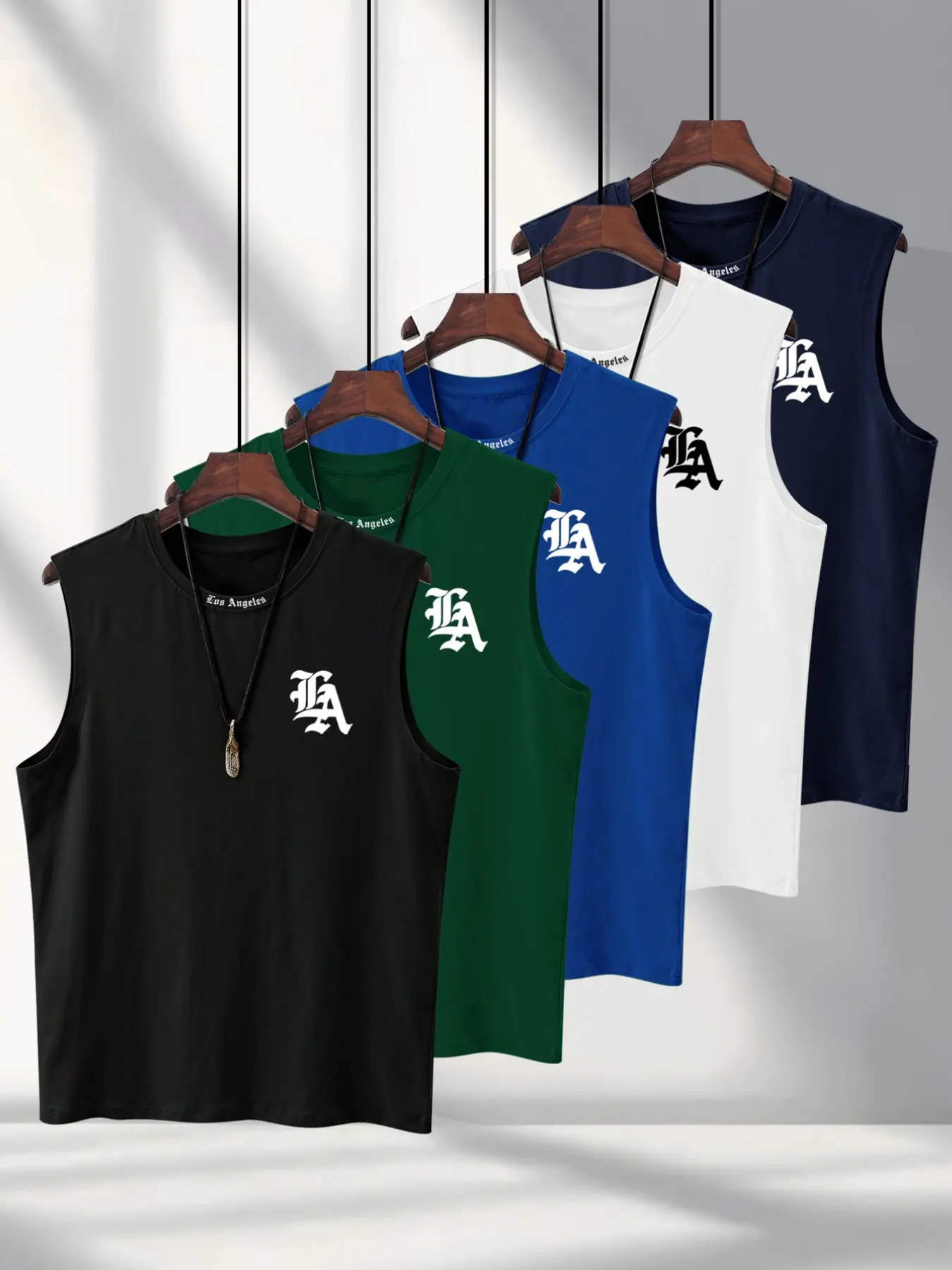 5-Pack Men's Quick-Dry Sleeveless Tank Tops, LA Letter Print,Gym Muscle Tee, Casual Summer Fitted T-Shirts, Comfortable Underwear for Sports & Daily Wear