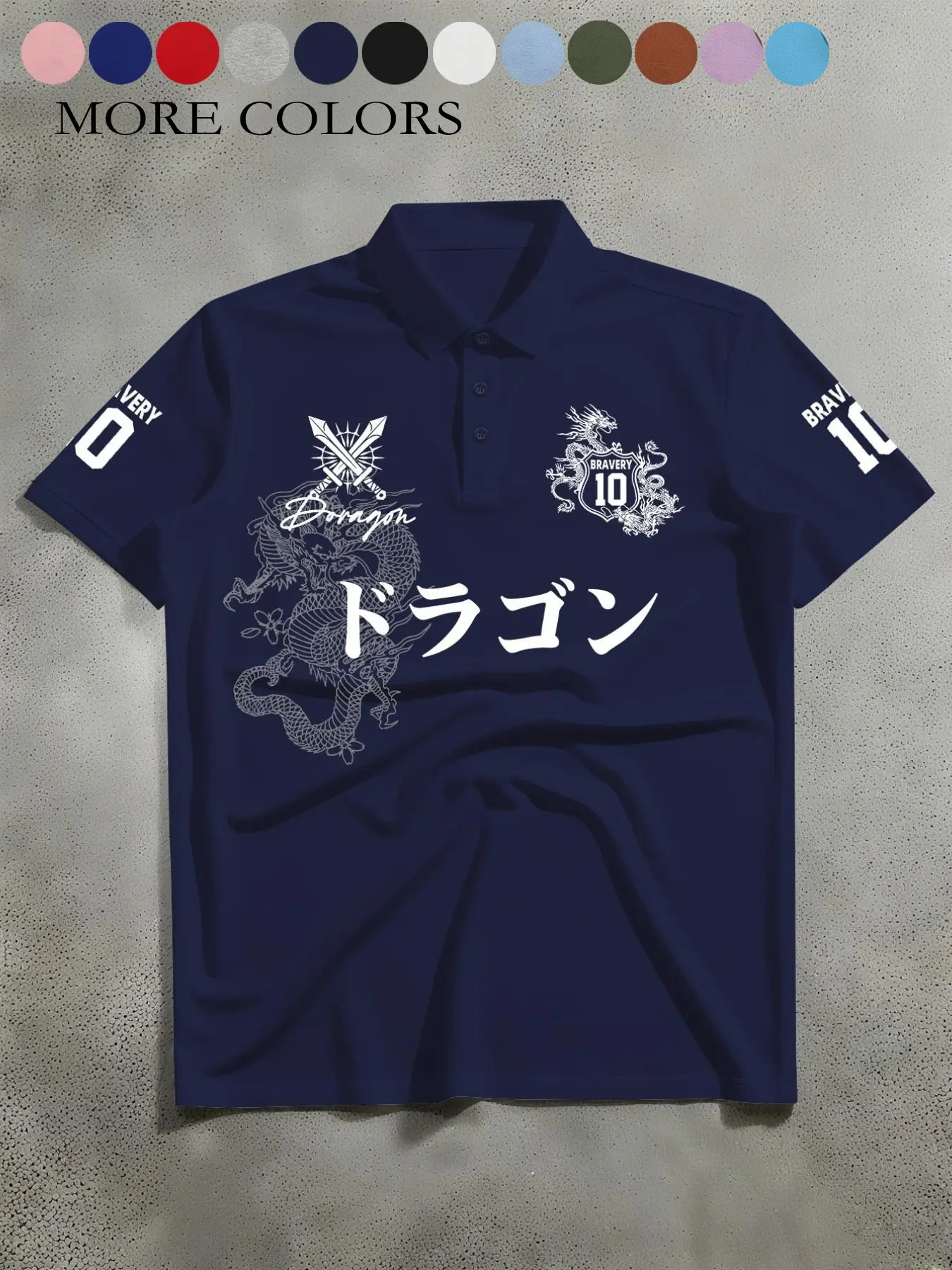 Men’s American casual street style polo shirt with short sleeves, featuring Japanese-style line drawings of auspicious dragons and Japanese numeric sleeve prints. Perfect for everyday commuting and casual wear.