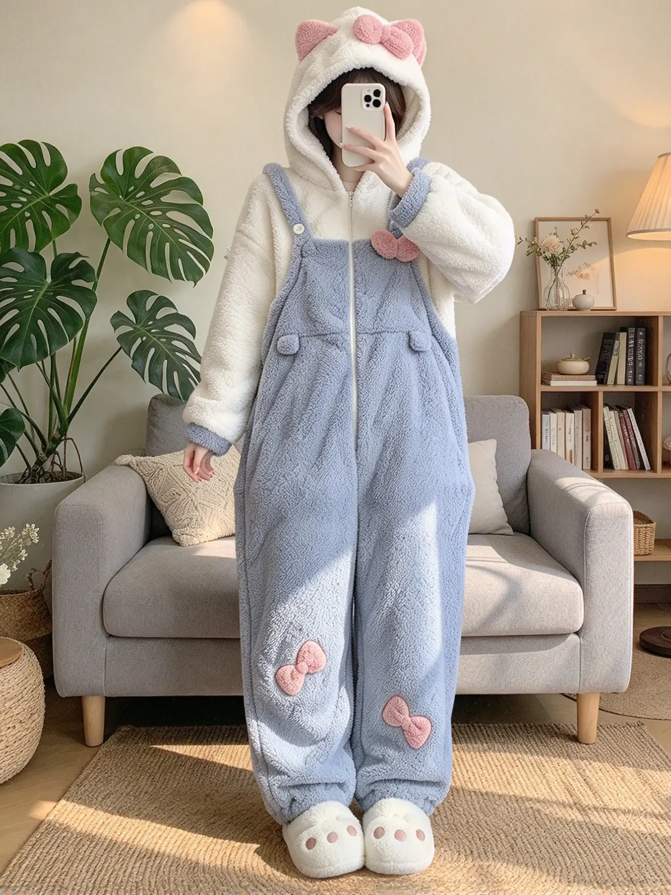 Women's Coral Fleece One-Piece Pajamas, Thickened Plush Sleepwear, Cute Strap Design, Fall Winter New Style, Christmas Halloween