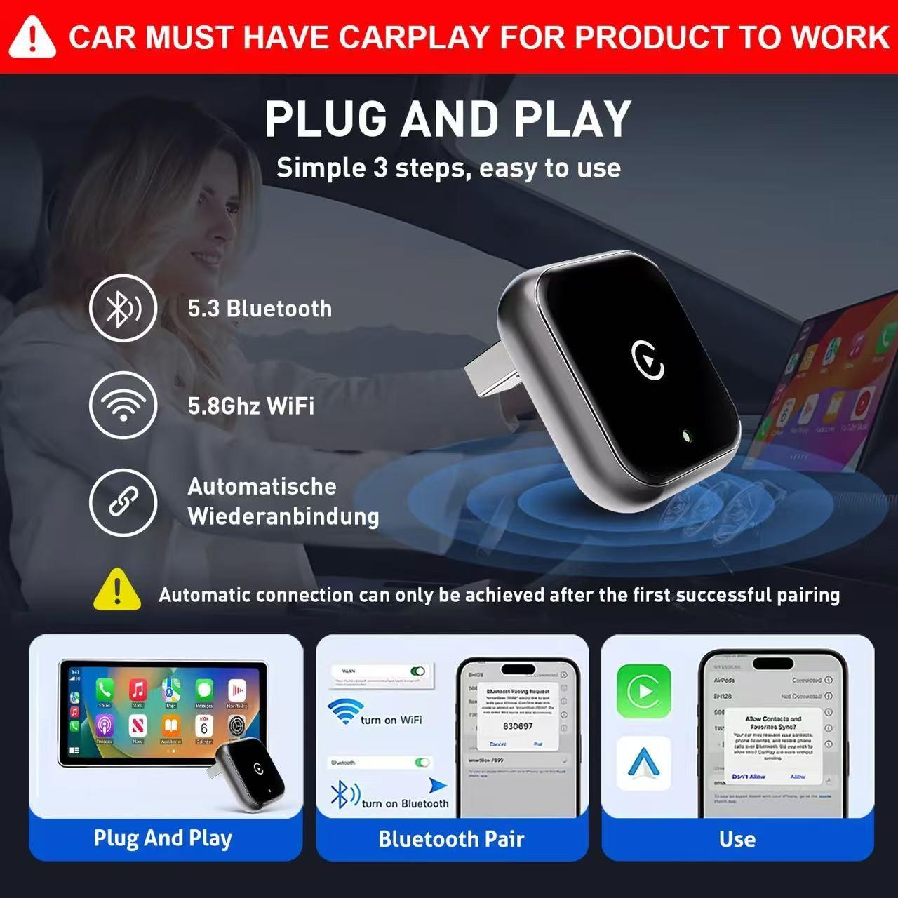 Wireless Carplay Adapter for iPhone/android, Fast Connection, Hands-Free Calling, Includes Charger and Carplay Receiver, Model B1
