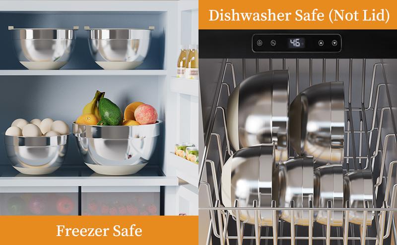 6 Piece Mixing Bowls with Lids Set, Stainless Steel Nesting Storage Bowls for Kitchen, with 3 Grater Attachments & Non-Slip Bottoms, Size 5.5,3.5,2.5,2.1,1.5,1.1 QT  Home Tableware