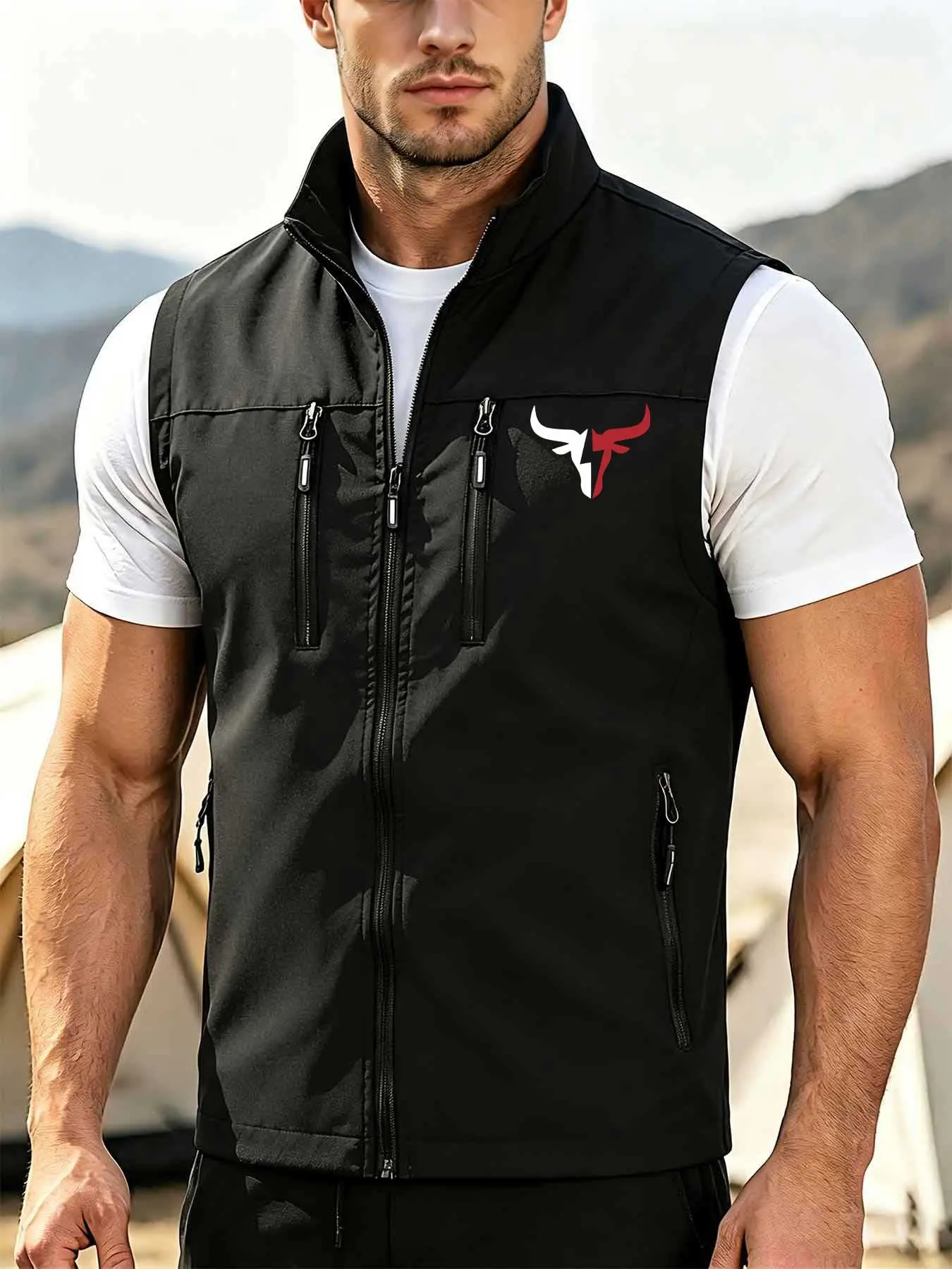 Men's Lightweight Breathable Nylon Vest, Bull Head Print, Multi-Pocket Design, Sleeveless Stand Collar Windproof Jacket