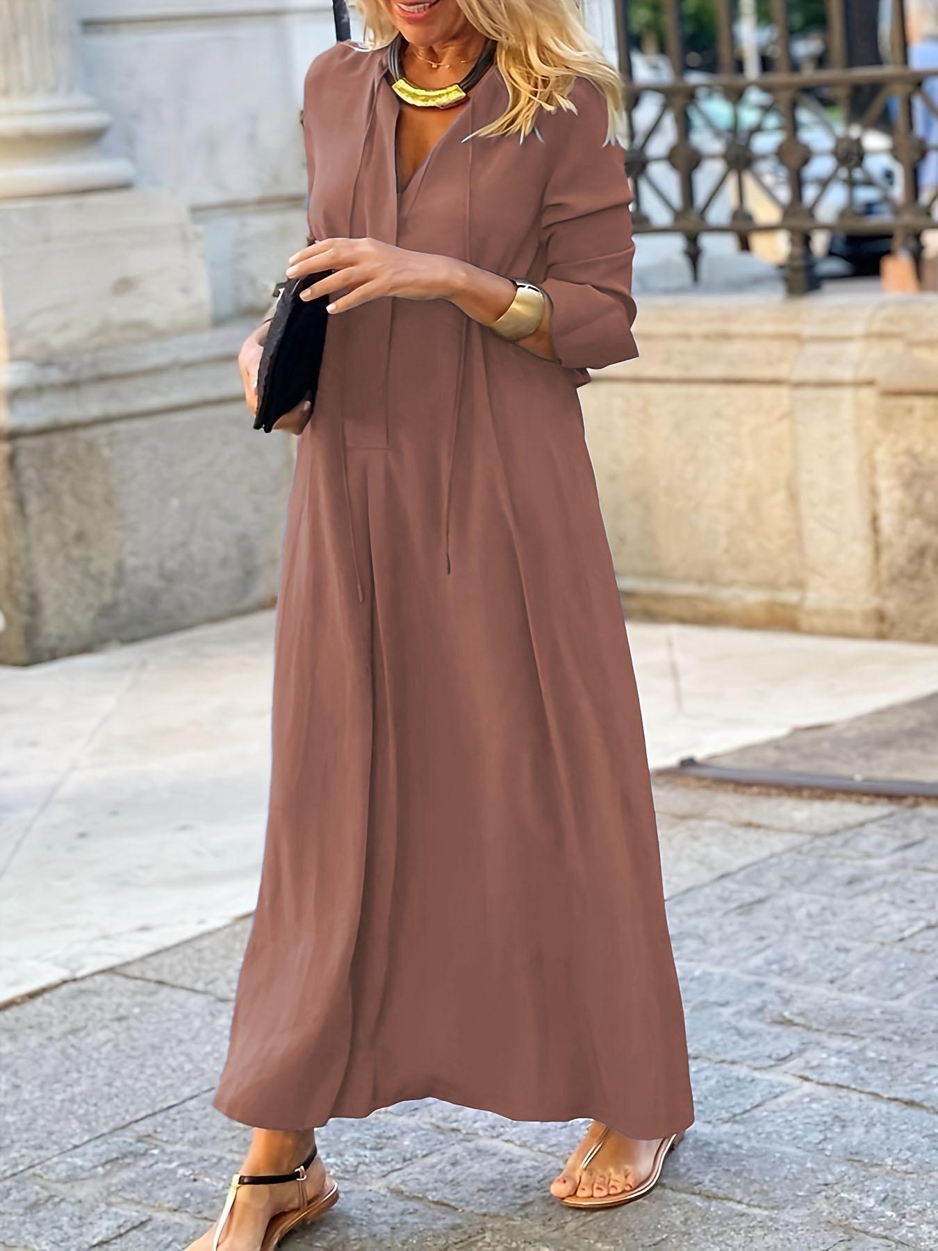 Plus Size V Neck Tie Front Maxi Dress, Loose Fit, Curvy Friendly Vacation Long Dress