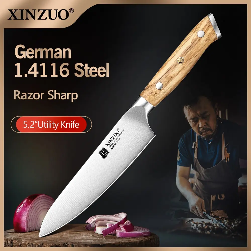 XINZUO 5.2 Inch Utility Knife, German 1.4116 Stainless Steel All-Purpose Kitchen Knife, Natural Olive Wood Handle with Copper Flower Rivets, Anti-Corrosion Ultra Sharp Labor-Saving Chef Knife