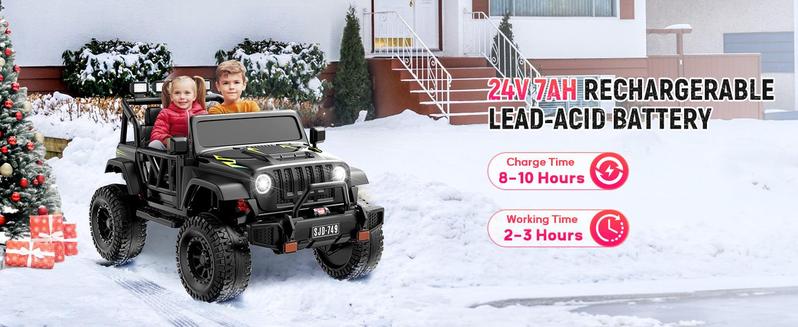 12V-24V Ride on Truck Car 1-2 Seater Ride Kids Electric Car - 7Ah Large Battery Kids Electric Vehicles with Remote Control, 4WD Kids Jeep 3 Speeds LED Lights, Horn, Music for Kids Aged Black