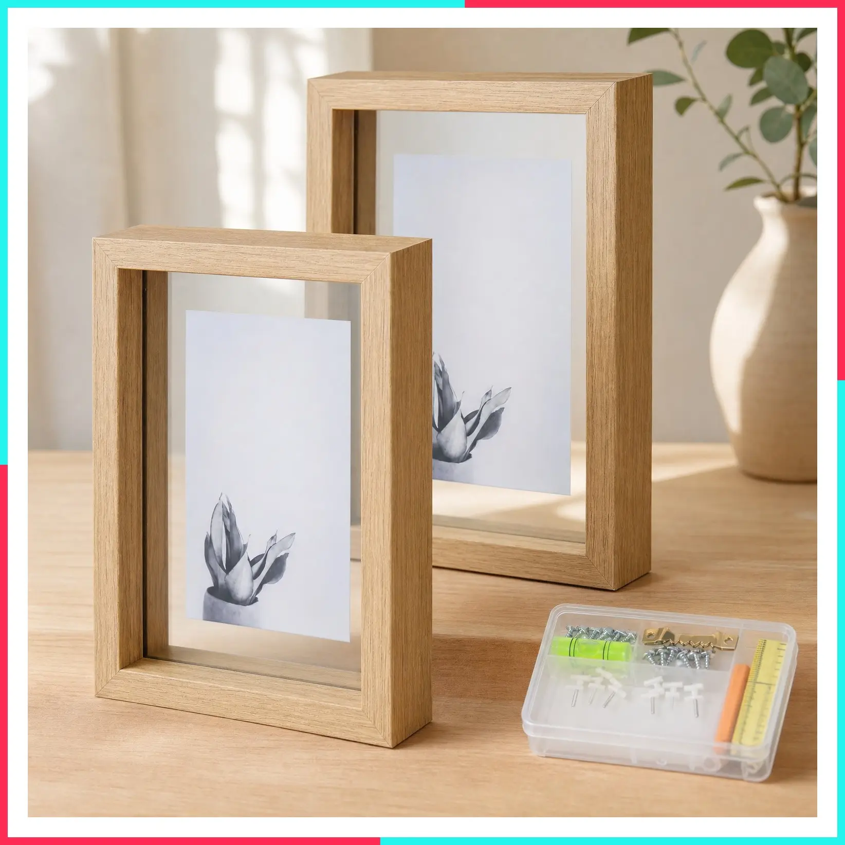 5x7 Floating Frame Set of 2, Double Glass Rustic Photo Frame for Wall Hanging or Tabletop Standing, Also Displays 4x6 or 3x5 Photos for Floating Effect, Natural