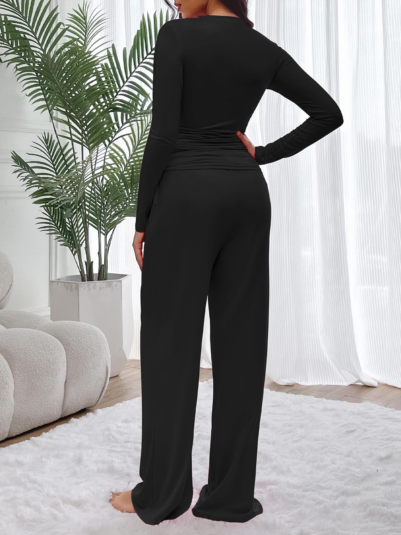 Women's Solid Ruched Drawstring Loungewear Set, Casual Long Sleeve Round Neck Top & Pocket Wide Leg Trousers, Ladies Sleepwear for All Seasons